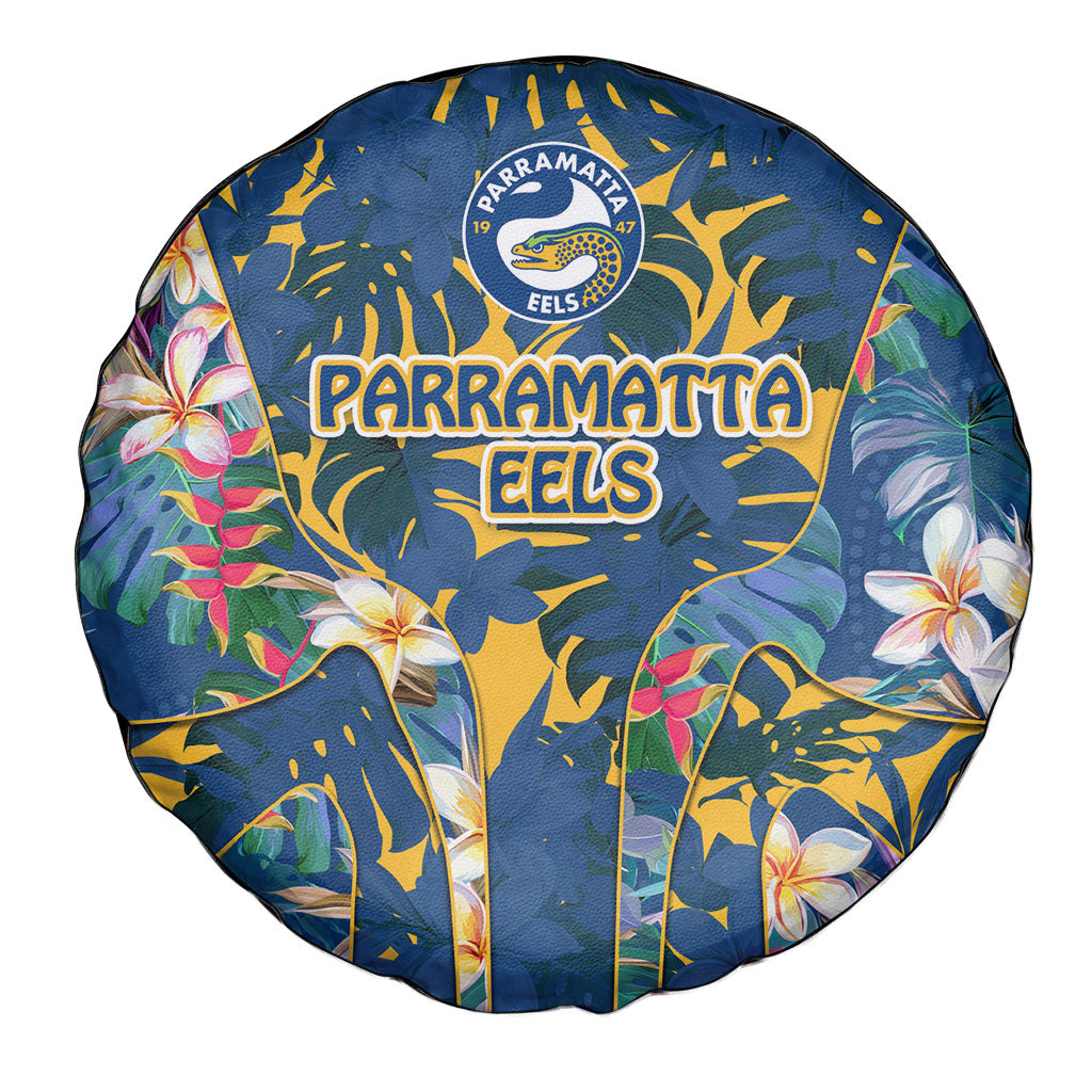Parramatta Eels Spare Tire Cover Tropical Hibiscus Floral Pattern With Blue And Yellow Accents