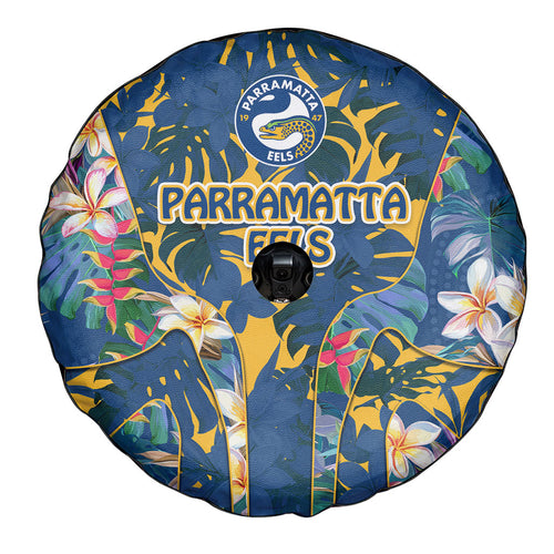 Parramatta Eels Spare Tire Cover Tropical Hibiscus Floral Pattern With Blue And Yellow Accents