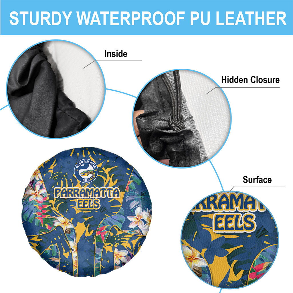 Parramatta Eels Spare Tire Cover Tropical Hibiscus Floral Pattern With Blue And Yellow Accents