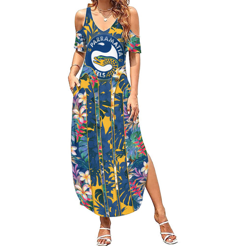 Parramatta Eels Summer Maxi Dress Tropical Hibiscus Floral Pattern With Blue And Yellow Accents