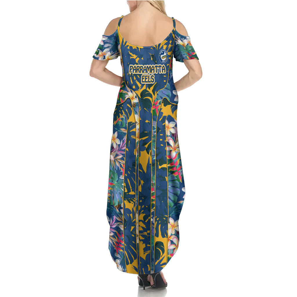Parramatta Eels Summer Maxi Dress Tropical Hibiscus Floral Pattern With Blue And Yellow Accents