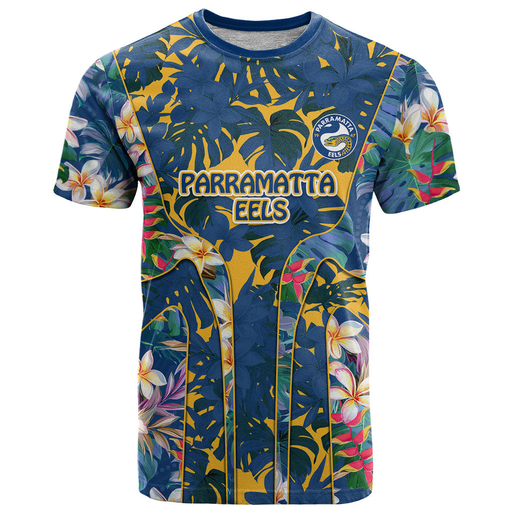 Parramatta Eels T Shirt Tropical Hibiscus Floral Pattern With Blue And Yellow Accents