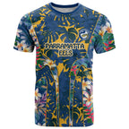 Parramatta Eels T Shirt Tropical Hibiscus Floral Pattern With Blue And Yellow Accents