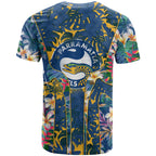 Parramatta Eels T Shirt Tropical Hibiscus Floral Pattern With Blue And Yellow Accents