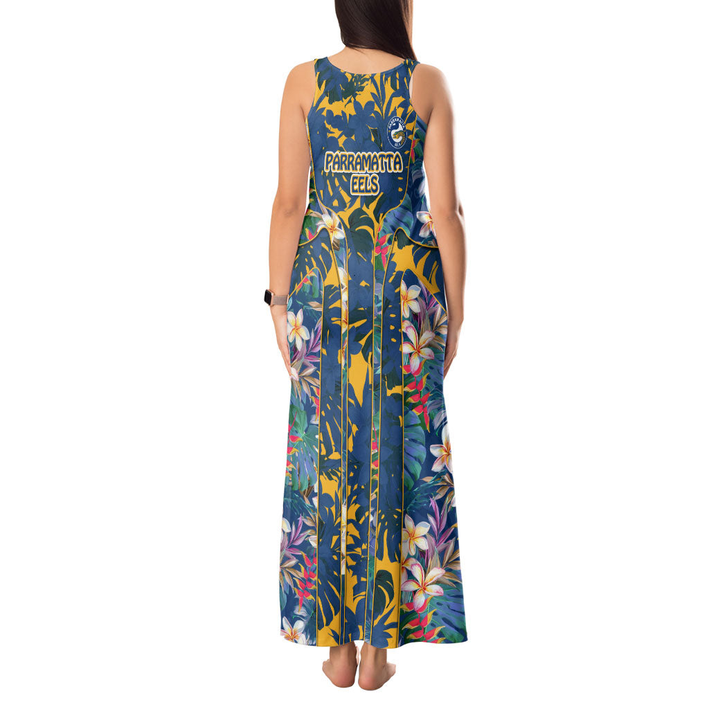 Parramatta Eels Tank Maxi Dress Tropical Hibiscus Floral Pattern With Blue And Yellow Accents