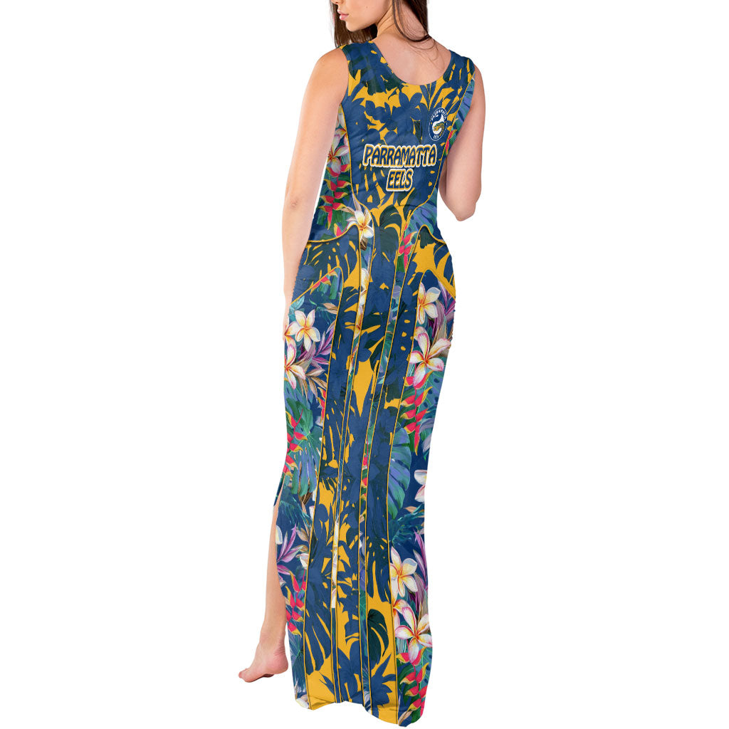 Parramatta Eels Tank Maxi Dress Tropical Hibiscus Floral Pattern With Blue And Yellow Accents