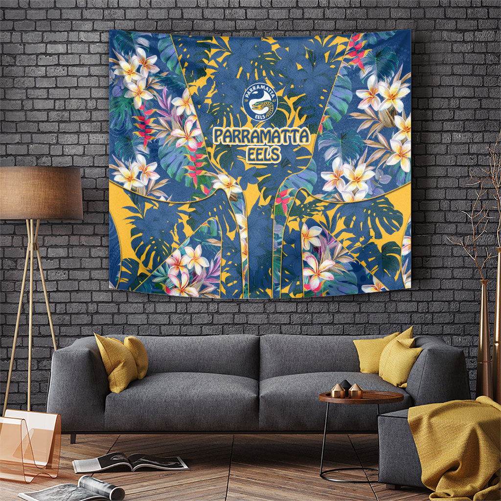 Parramatta Eels Tapestry Tropical Hibiscus Floral Pattern With Blue And Yellow Accents