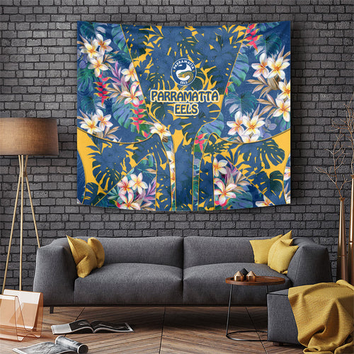 Parramatta Eels Tapestry Tropical Hibiscus Floral Pattern With Blue And Yellow Accents