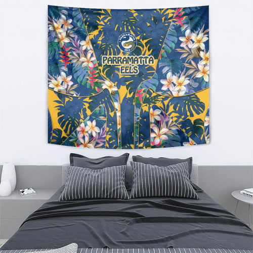Parramatta Eels Tapestry Tropical Hibiscus Floral Pattern With Blue And Yellow Accents