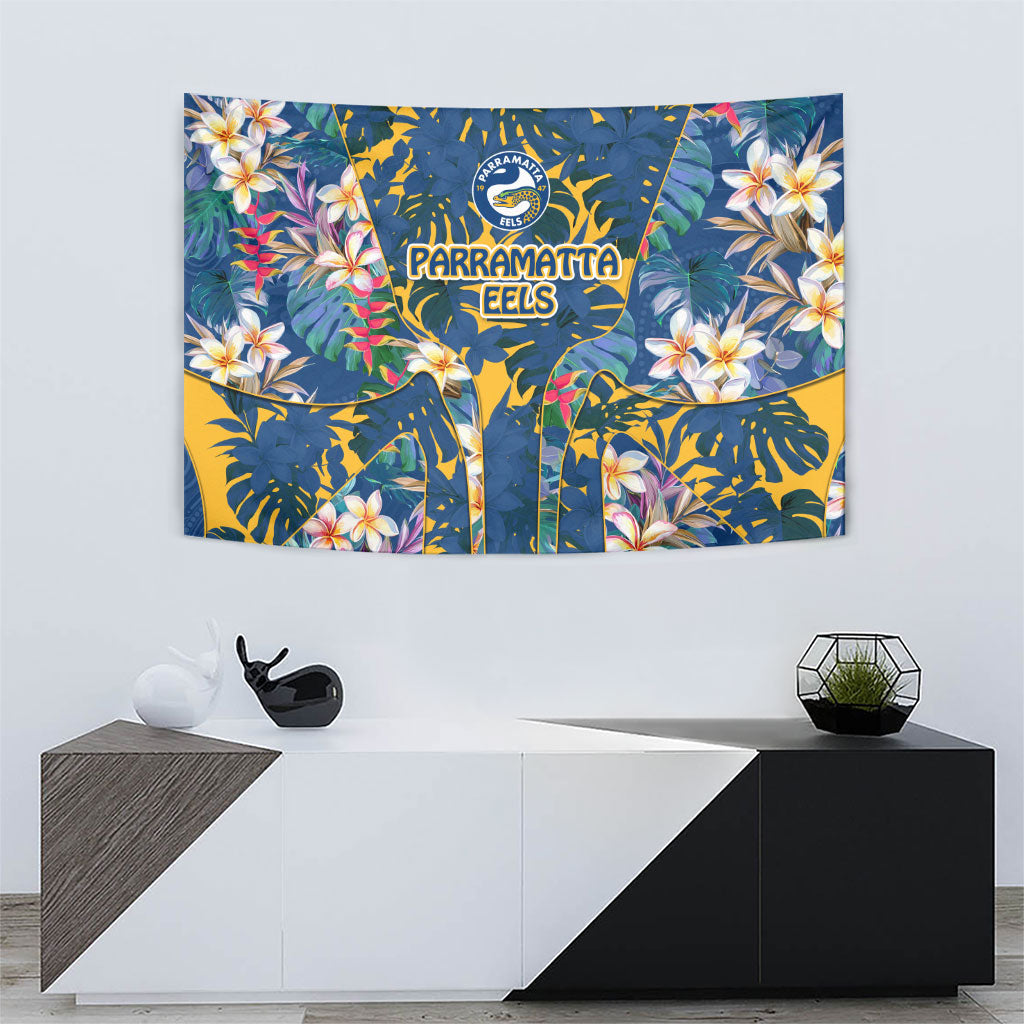 Parramatta Eels Tapestry Tropical Hibiscus Floral Pattern With Blue And Yellow Accents