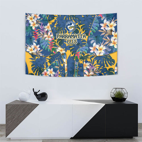 Parramatta Eels Tapestry Tropical Hibiscus Floral Pattern With Blue And Yellow Accents