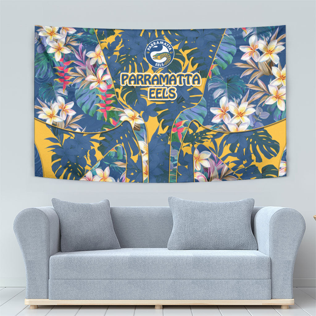 Parramatta Eels Tapestry Tropical Hibiscus Floral Pattern With Blue And Yellow Accents