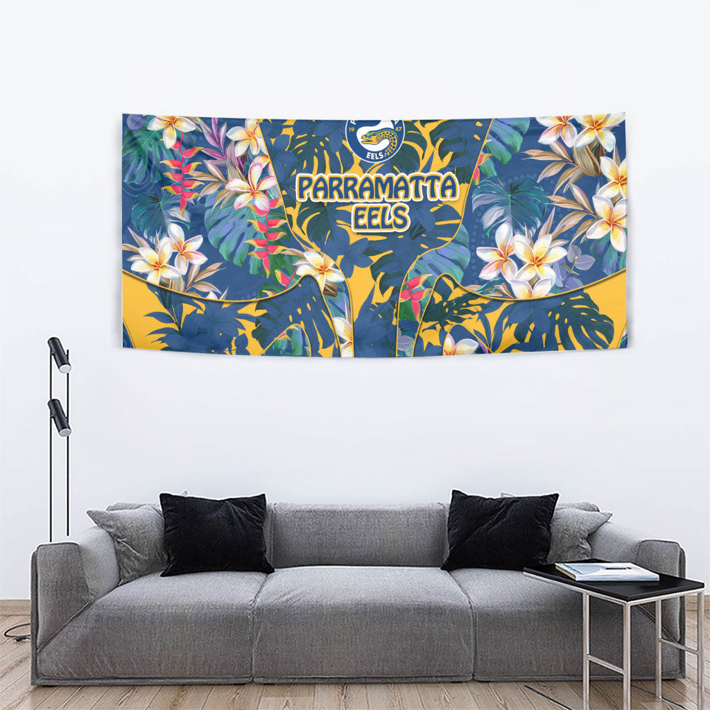 Parramatta Eels Tapestry Tropical Hibiscus Floral Pattern With Blue And Yellow Accents