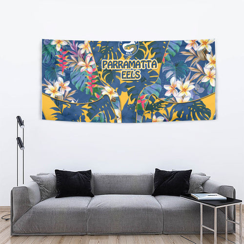 Parramatta Eels Tapestry Tropical Hibiscus Floral Pattern With Blue And Yellow Accents