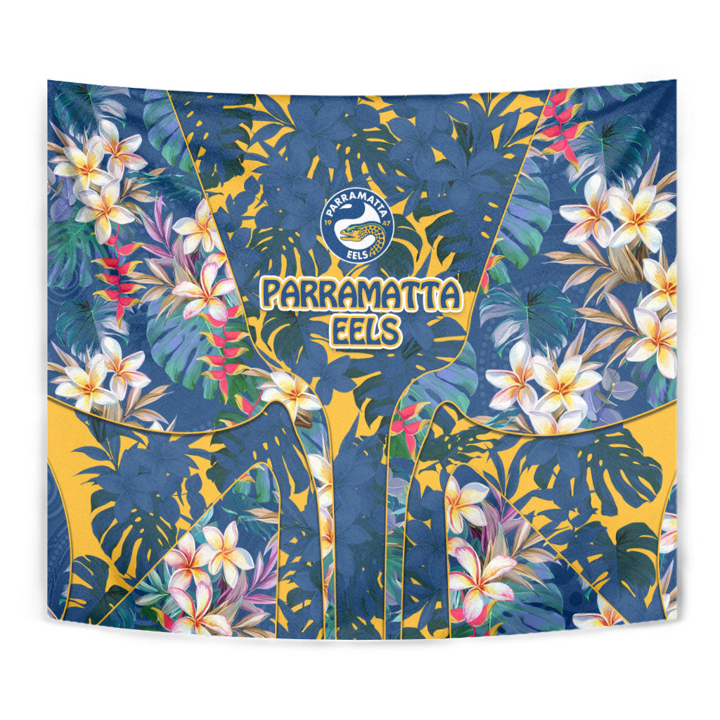 Parramatta Eels Tapestry Tropical Hibiscus Floral Pattern With Blue And Yellow Accents