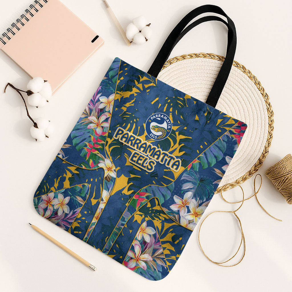 Parramatta Eels Tote Bag Tropical Hibiscus Floral Pattern With Blue And Yellow Accents