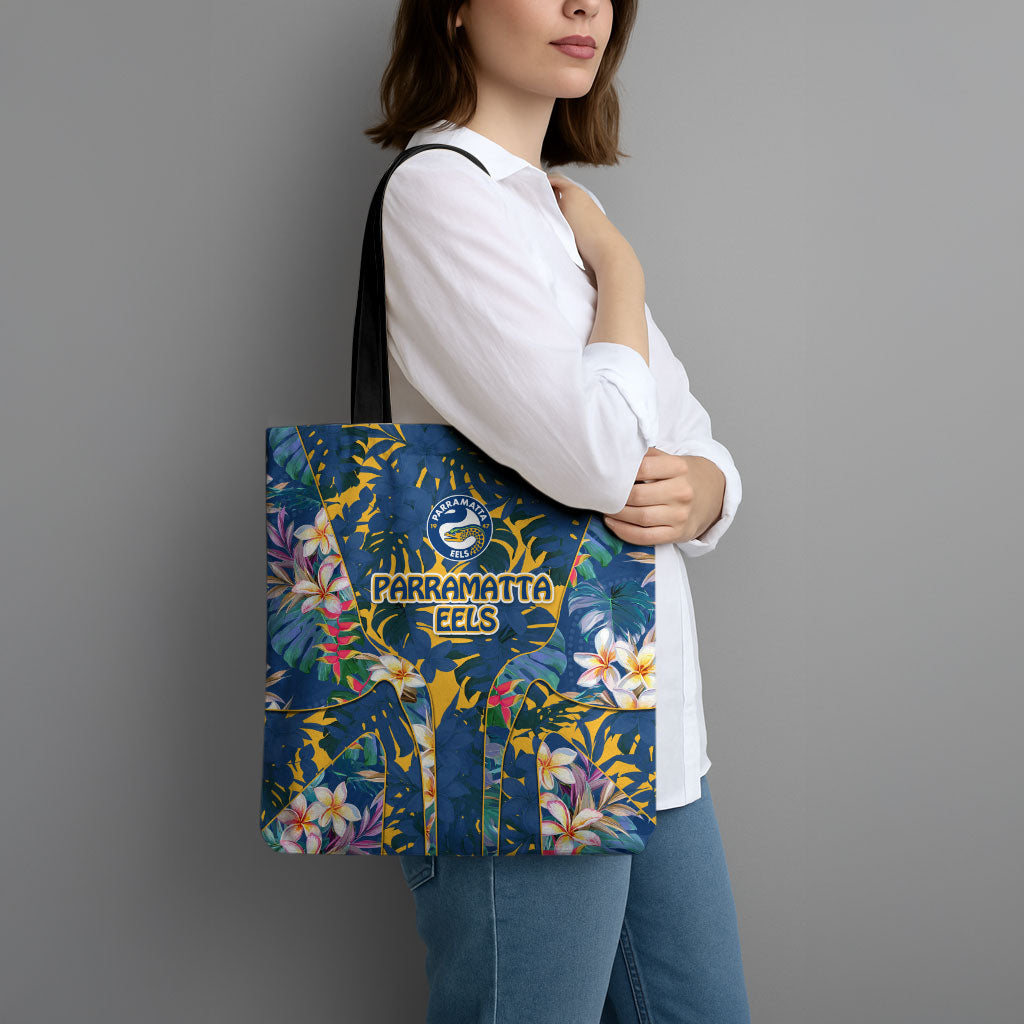 Parramatta Eels Tote Bag Tropical Hibiscus Floral Pattern With Blue And Yellow Accents