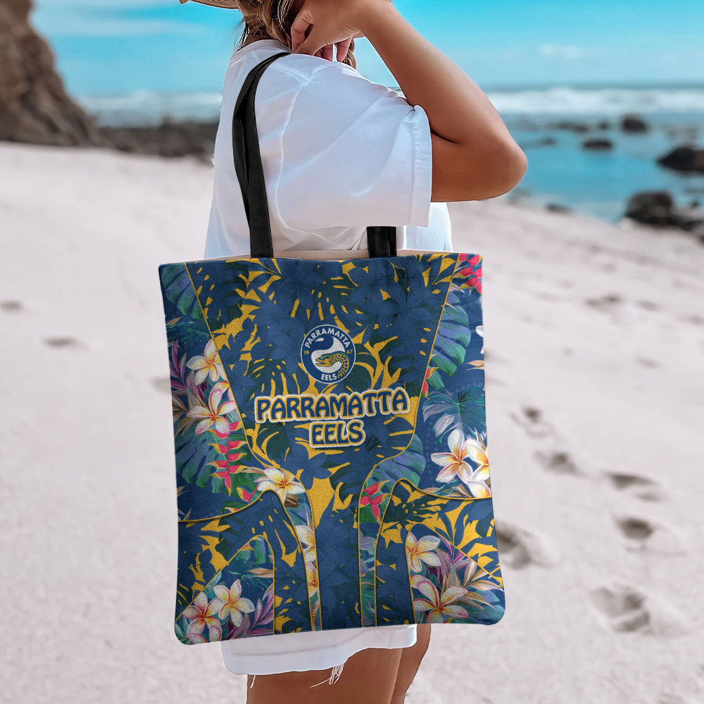 Parramatta Eels Tote Bag Tropical Hibiscus Floral Pattern With Blue And Yellow Accents