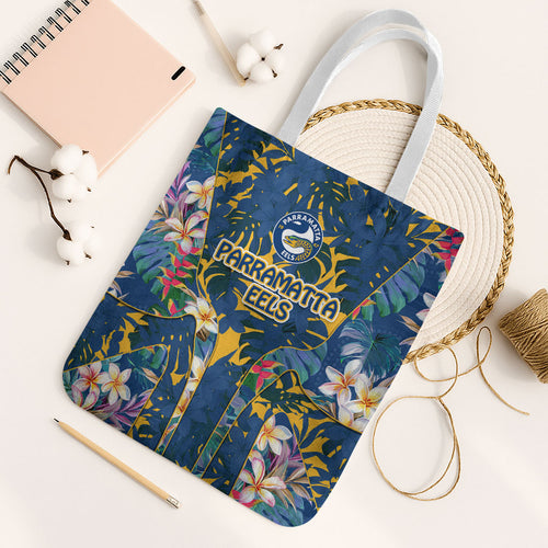 Parramatta Eels Tote Bag Tropical Hibiscus Floral Pattern With Blue And Yellow Accents