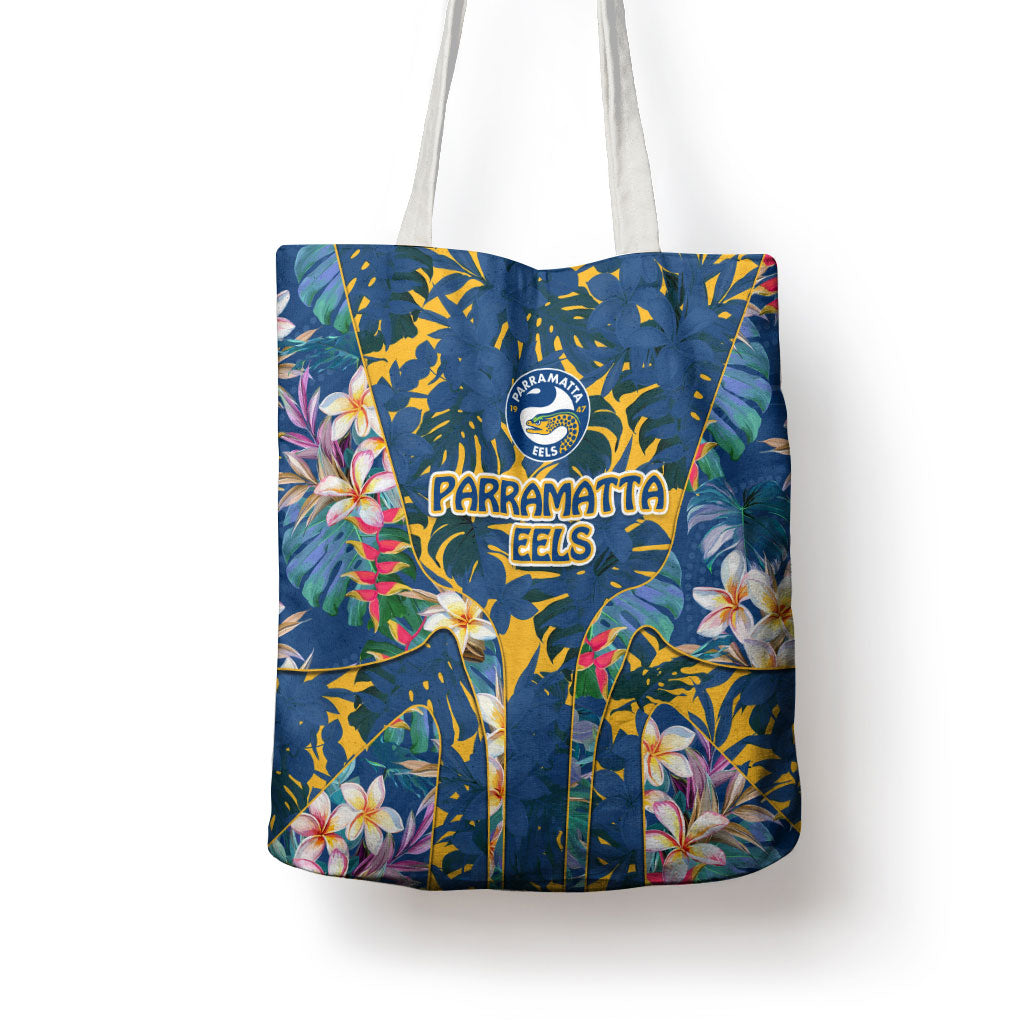 Parramatta Eels Tote Bag Tropical Hibiscus Floral Pattern With Blue And Yellow Accents
