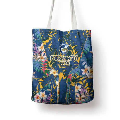 Parramatta Eels Tote Bag Tropical Hibiscus Floral Pattern With Blue And Yellow Accents
