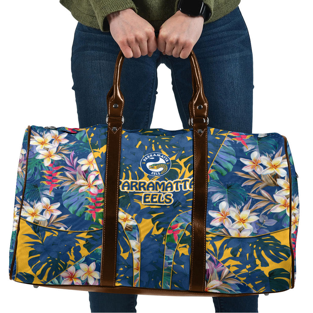 Parramatta Eels Travel Bag Tropical Hibiscus Floral Pattern With Blue And Yellow Accents