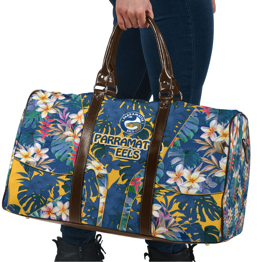 Parramatta Eels Travel Bag Tropical Hibiscus Floral Pattern With Blue And Yellow Accents