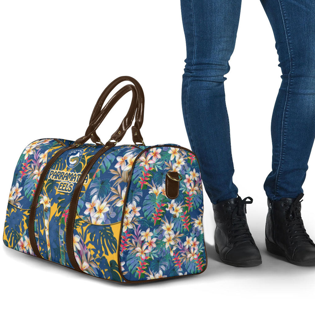 Parramatta Eels Travel Bag Tropical Hibiscus Floral Pattern With Blue And Yellow Accents