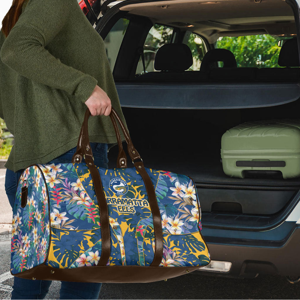 Parramatta Eels Travel Bag Tropical Hibiscus Floral Pattern With Blue And Yellow Accents