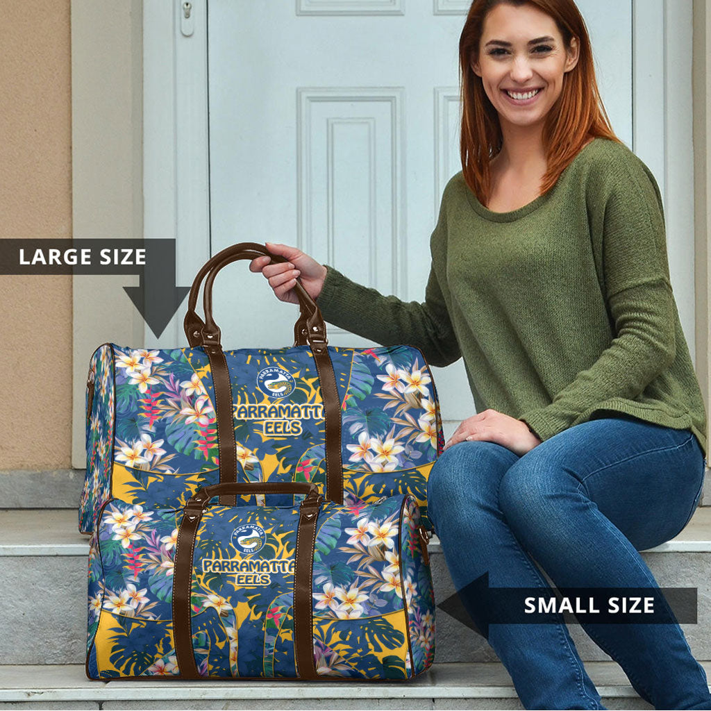 Parramatta Eels Travel Bag Tropical Hibiscus Floral Pattern With Blue And Yellow Accents