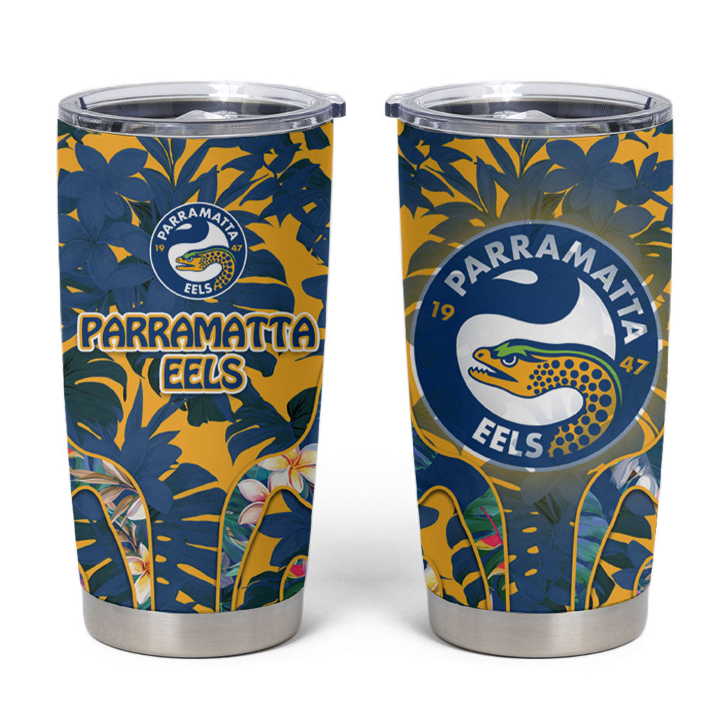 Parramatta Eels Tumbler Cup Tropical Hibiscus Floral Pattern With Blue And Yellow Accents