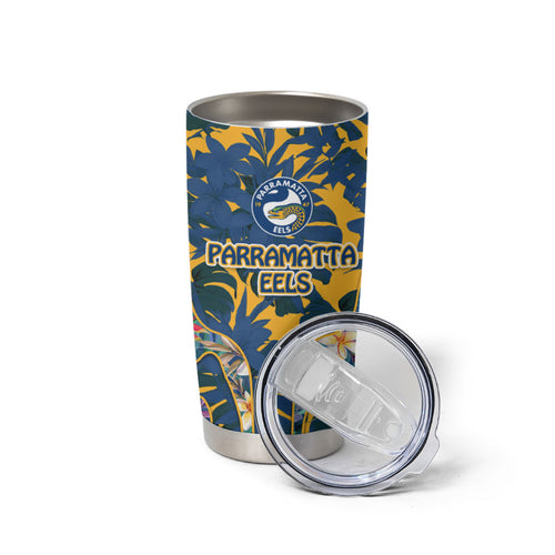 Parramatta Eels Tumbler Cup Tropical Hibiscus Floral Pattern With Blue And Yellow Accents