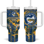 Parramatta Eels Tumbler With Handle Tropical Hibiscus Floral Pattern With Blue And Yellow Accents