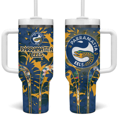 Parramatta Eels Tumbler With Handle Tropical Hibiscus Floral Pattern With Blue And Yellow Accents