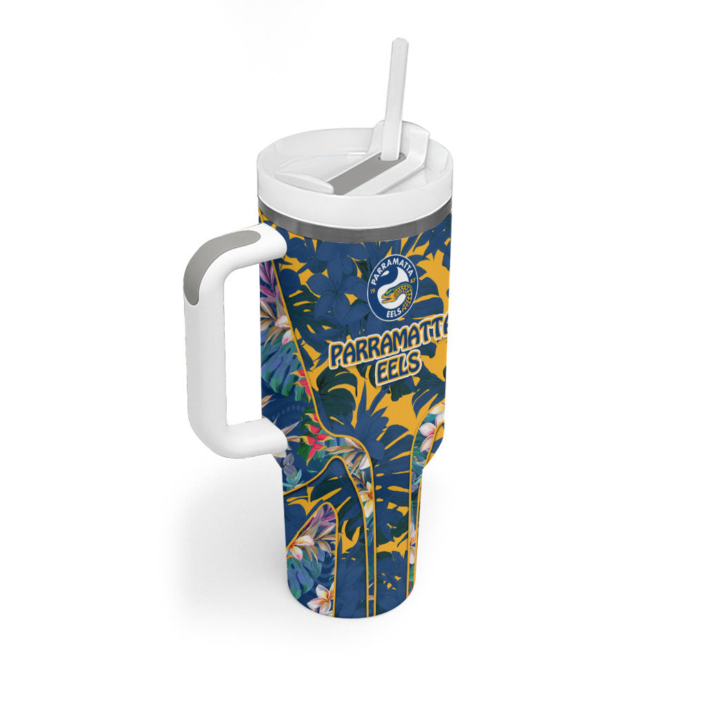 Parramatta Eels Tumbler With Handle Tropical Hibiscus Floral Pattern With Blue And Yellow Accents