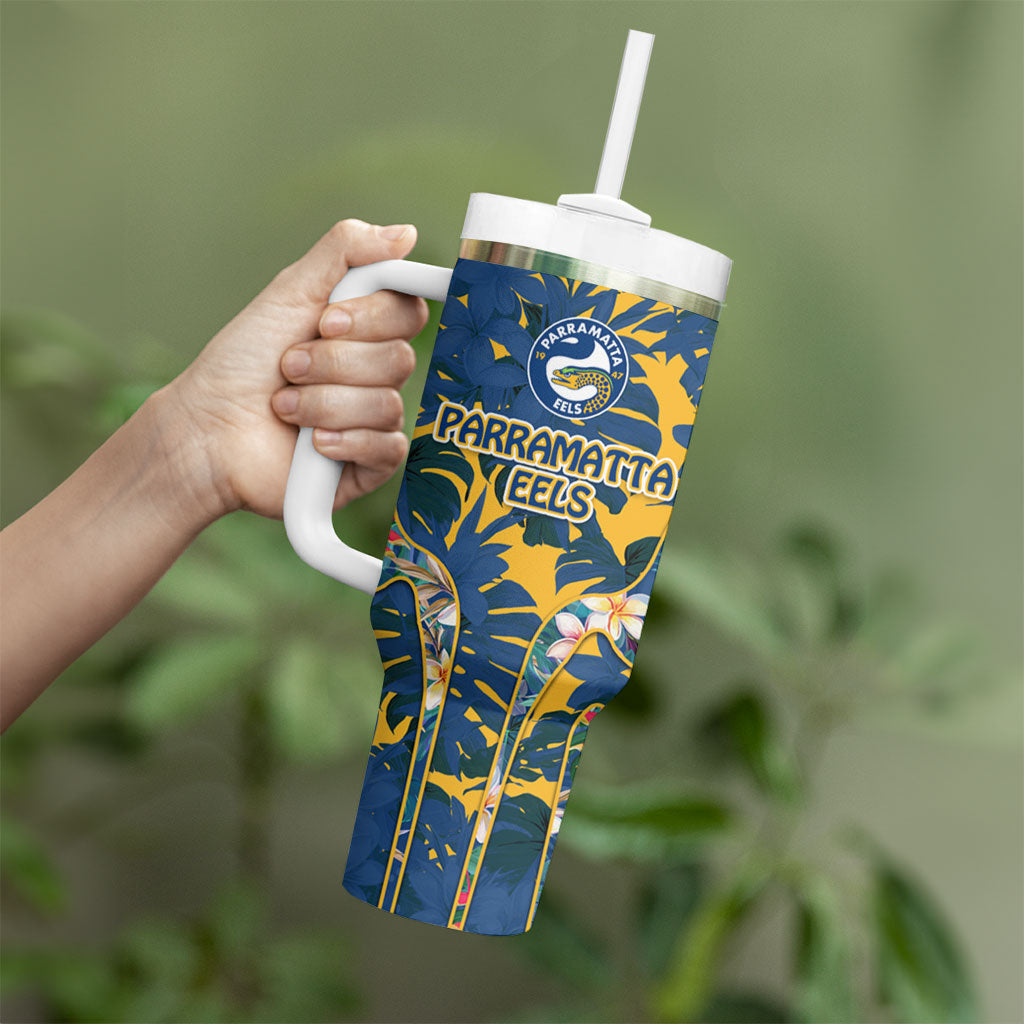 Parramatta Eels Tumbler With Handle Tropical Hibiscus Floral Pattern With Blue And Yellow Accents