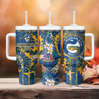 Parramatta Eels Tumbler With Handle Tropical Hibiscus Floral Pattern With Blue And Yellow Accents