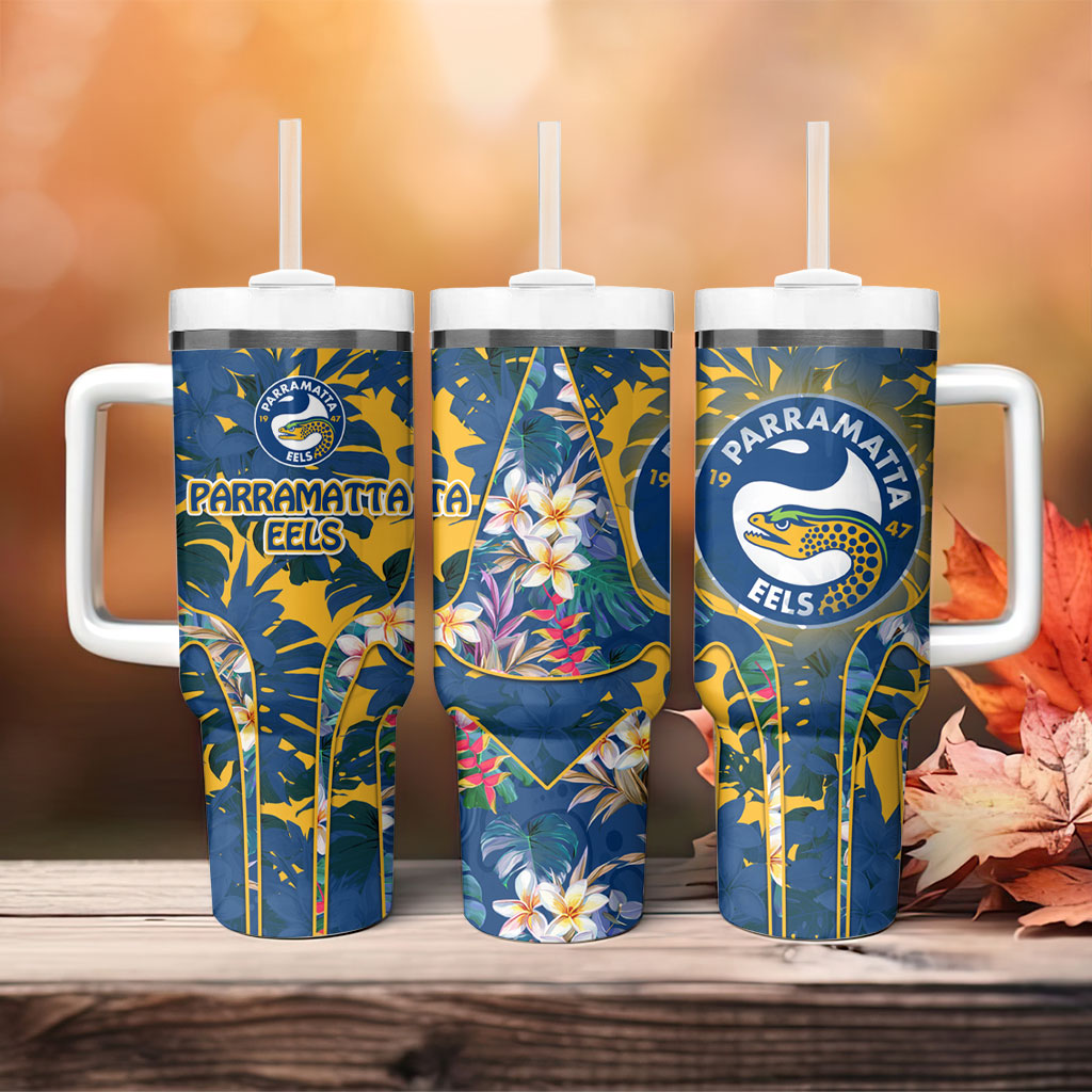 Parramatta Eels Tumbler With Handle Tropical Hibiscus Floral Pattern With Blue And Yellow Accents