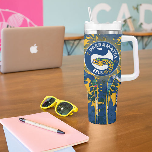 Parramatta Eels Tumbler With Handle Tropical Hibiscus Floral Pattern With Blue And Yellow Accents