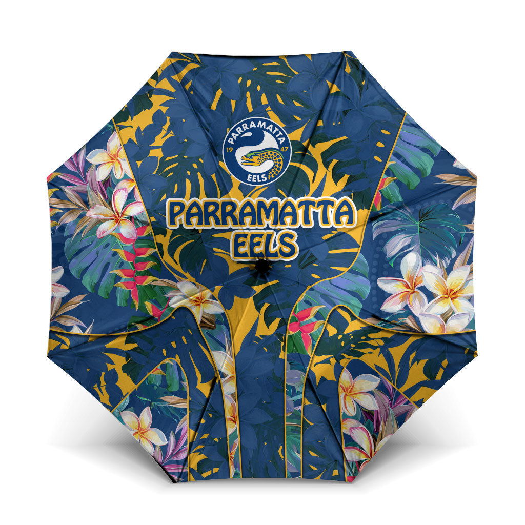 Parramatta Eels Umbrella Tropical Hibiscus Floral Pattern With Blue And Yellow Accents