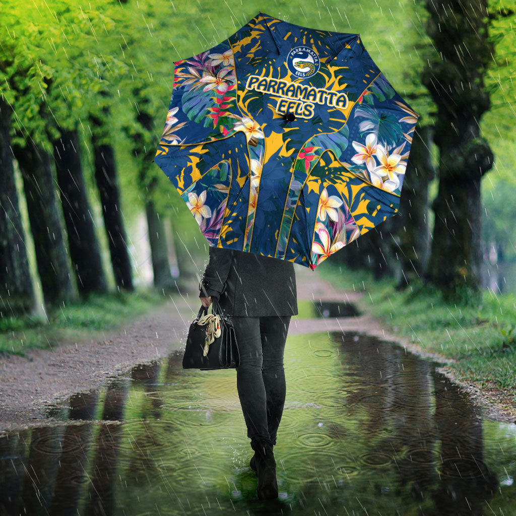Parramatta Eels Umbrella Tropical Hibiscus Floral Pattern With Blue And Yellow Accents