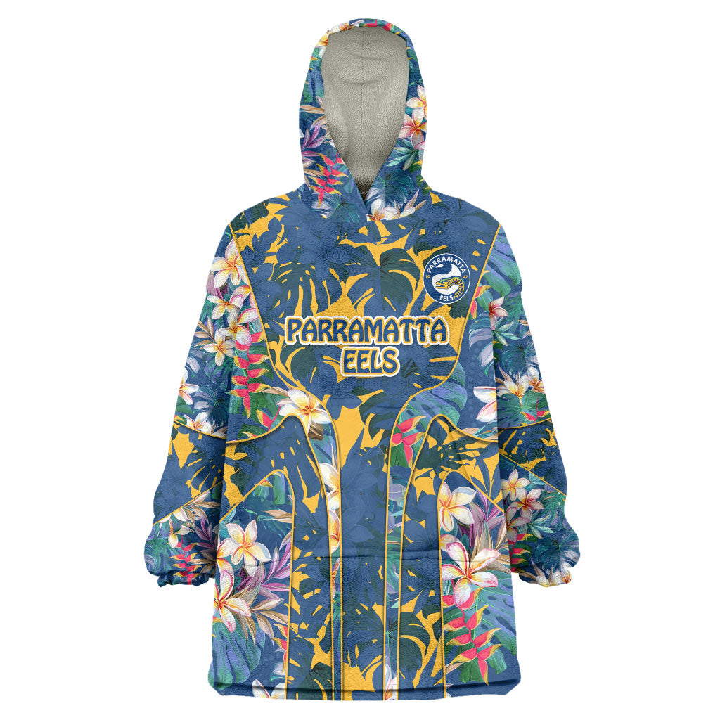 Parramatta Eels Wearable Blanket Hoodie Tropical Hibiscus Floral Pattern With Blue And Yellow Accents