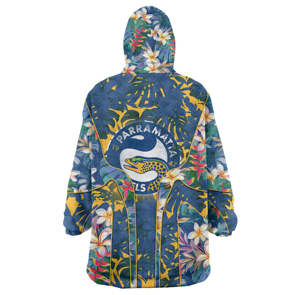 Parramatta Eels Wearable Blanket Hoodie Tropical Hibiscus Floral Pattern With Blue And Yellow Accents