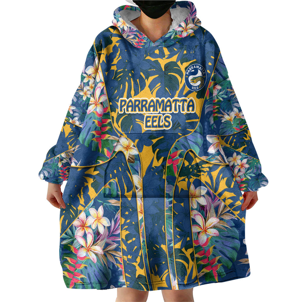 Parramatta Eels Wearable Blanket Hoodie Tropical Hibiscus Floral Pattern With Blue And Yellow Accents