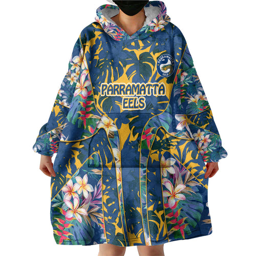 Parramatta Eels Wearable Blanket Hoodie Tropical Hibiscus Floral Pattern With Blue And Yellow Accents
