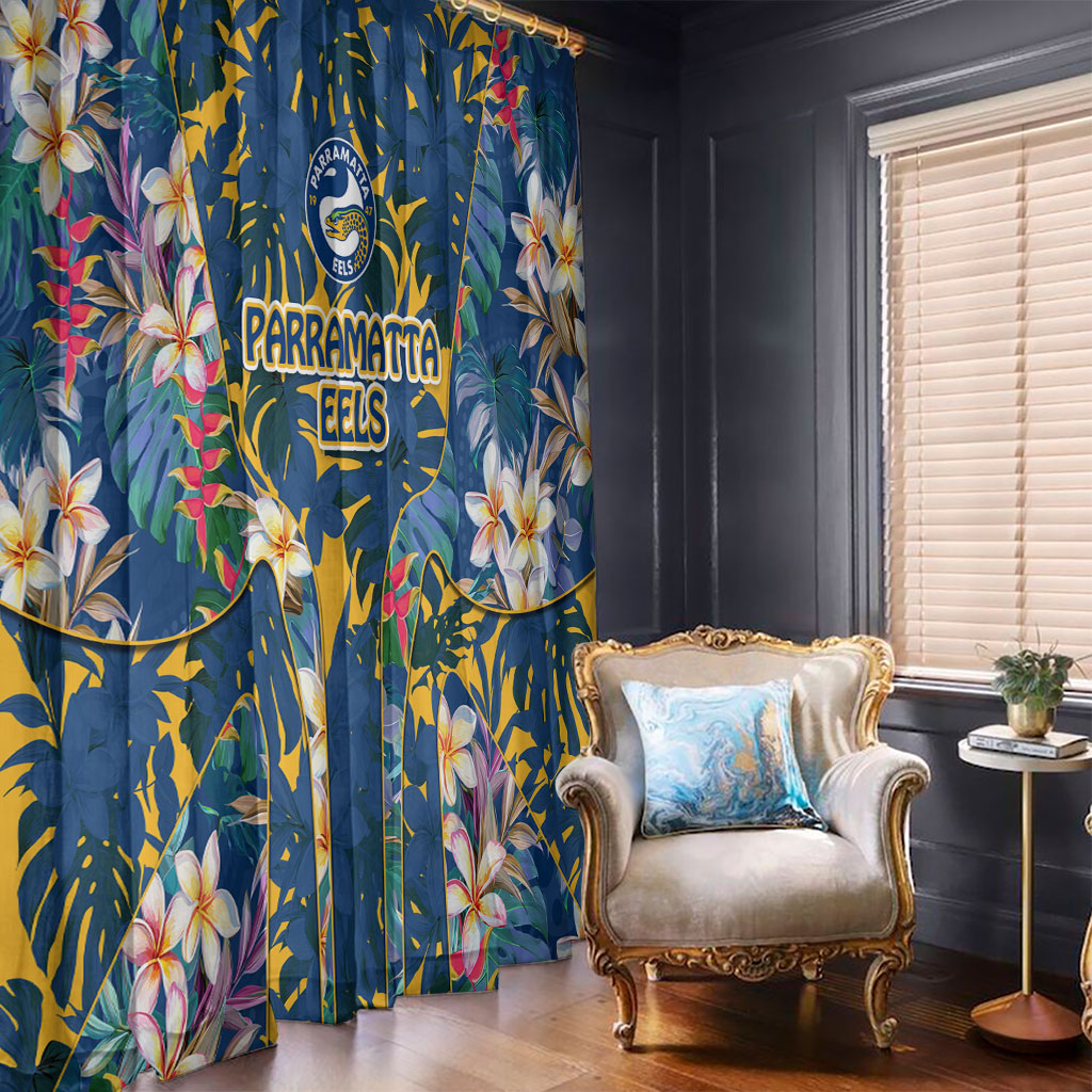 Parramatta Eels Window Curtain Tropical Hibiscus Floral Pattern With Blue And Yellow Accents