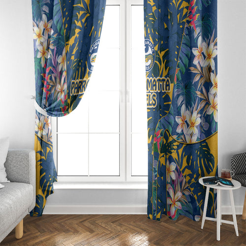 Parramatta Eels Window Curtain Tropical Hibiscus Floral Pattern With Blue And Yellow Accents
