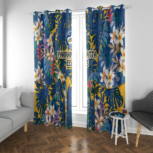 Parramatta Eels Window Curtain Tropical Hibiscus Floral Pattern With Blue And Yellow Accents