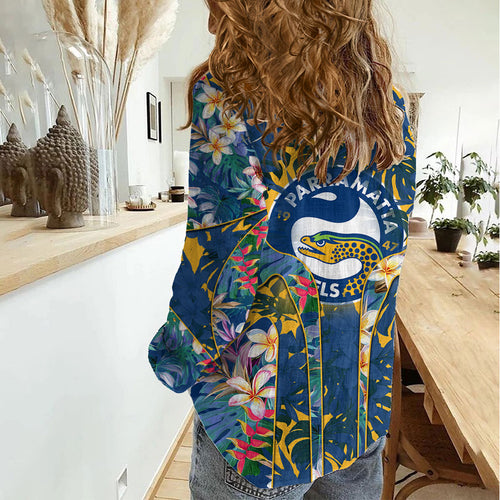 Parramatta Eels Women Casual Shirt Tropical Hibiscus Floral Pattern With Blue And Yellow Accents