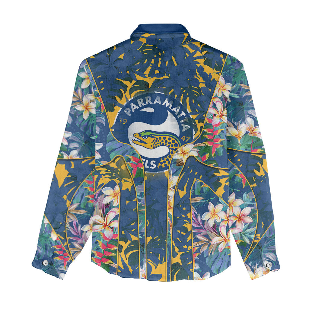 Parramatta Eels Women Casual Shirt Tropical Hibiscus Floral Pattern With Blue And Yellow Accents